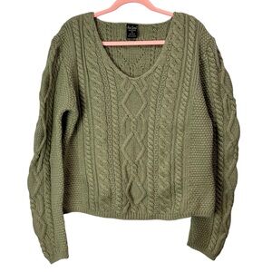 Paul James 100% wool light olive green cable knit sweater size XL warm fall